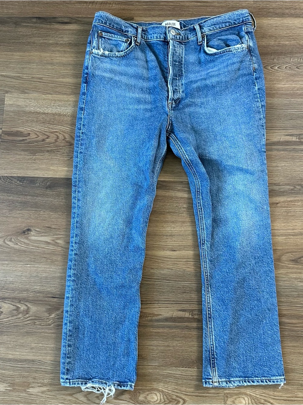 Agolde Riley High Rise Crop Jeans Women 31 Blue Straight Distressed Denim Preppy